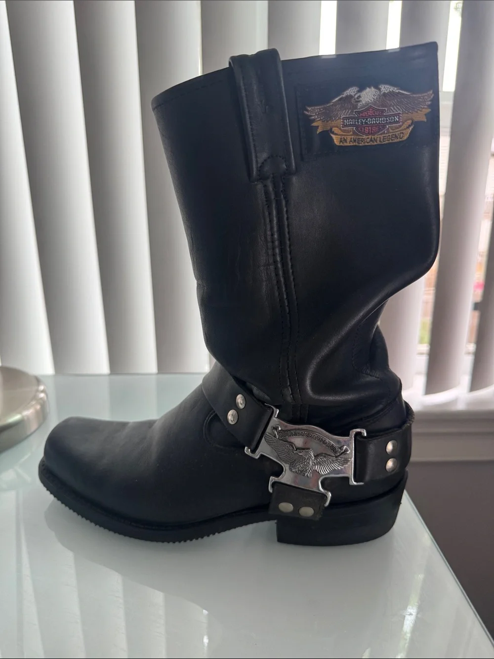Vintage 90s Harley Davidson Black Leather Harness Boots with Silver Hardware